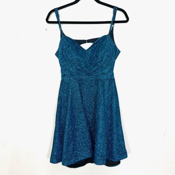 City Studio Turquoise Glitter Fit & Flare Dress Blue Padded Bust Pockets 9 - Picture 1 of 4